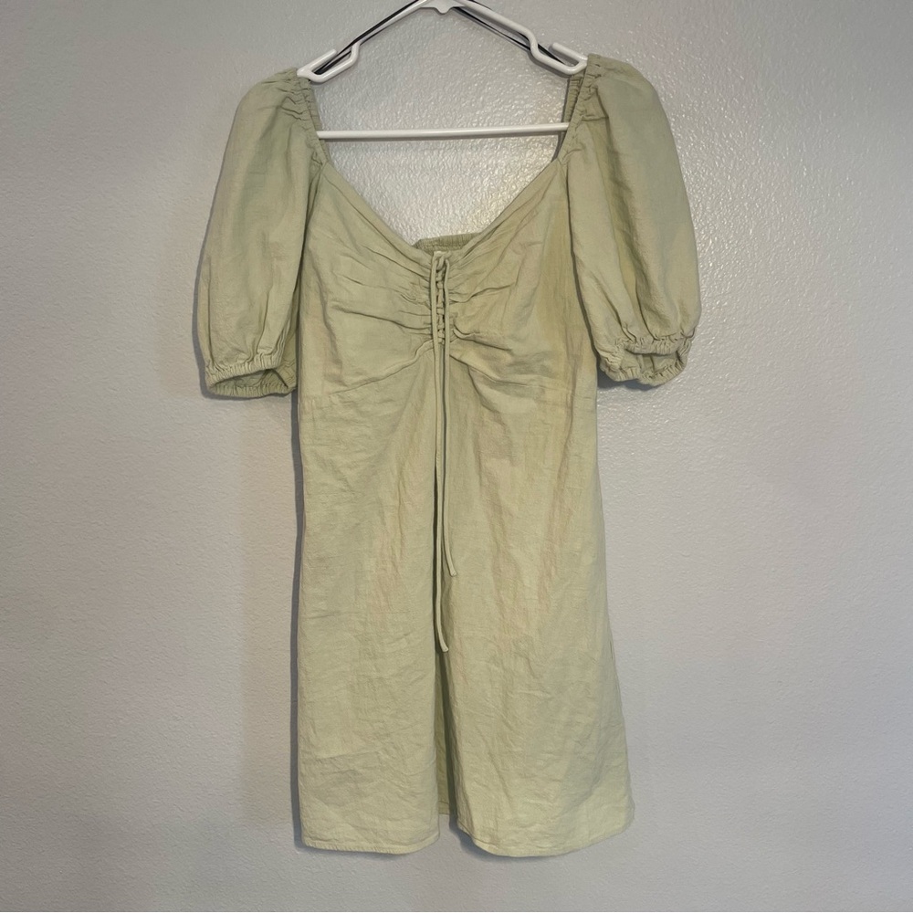 H&M Light Sage Green Dress with off the shoulder puffy sleeves and tie detail.